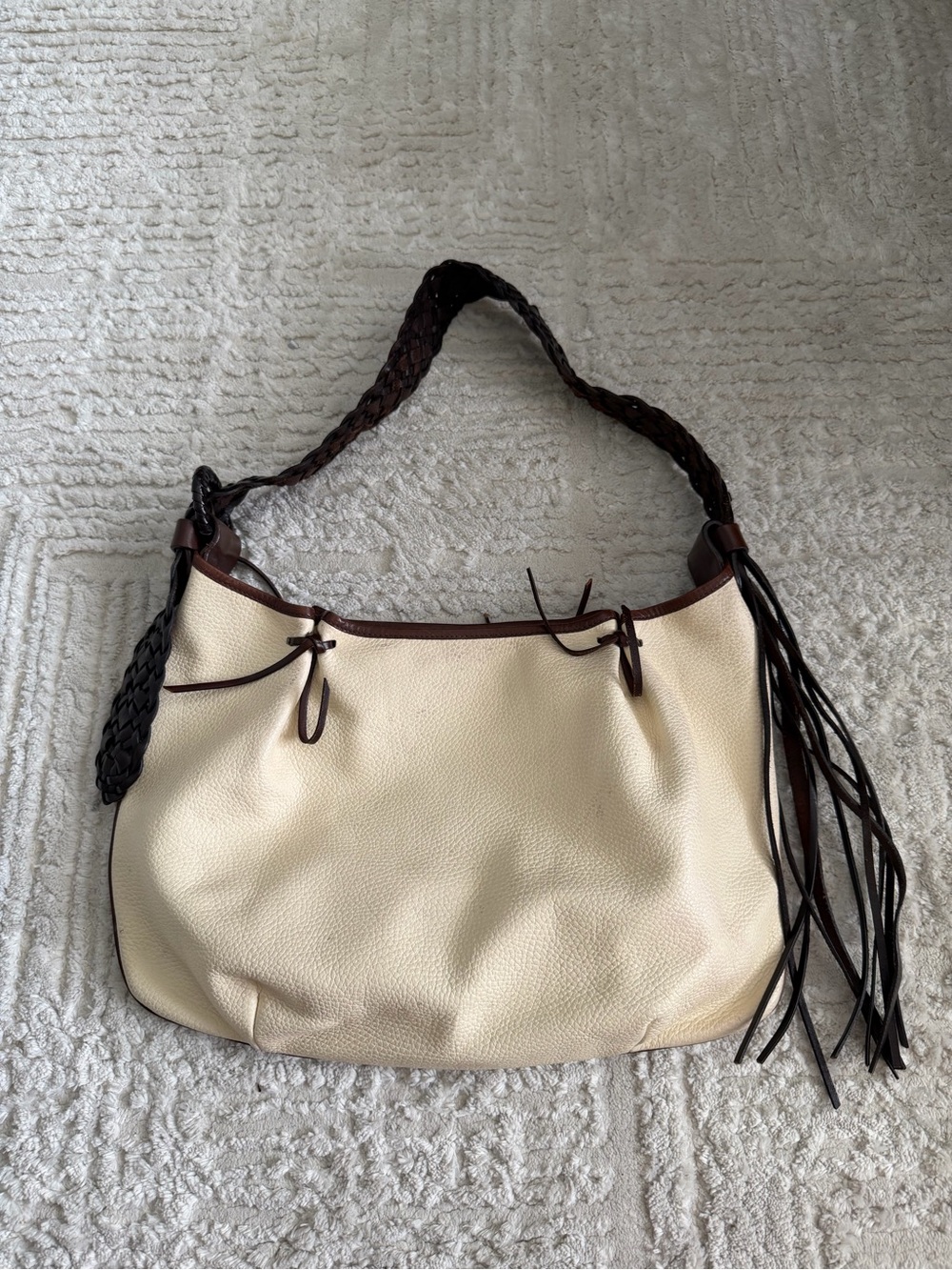 Desmo Made in Italy Genuine Leather Cream and Brown Braided-Handle Shoulder Bag